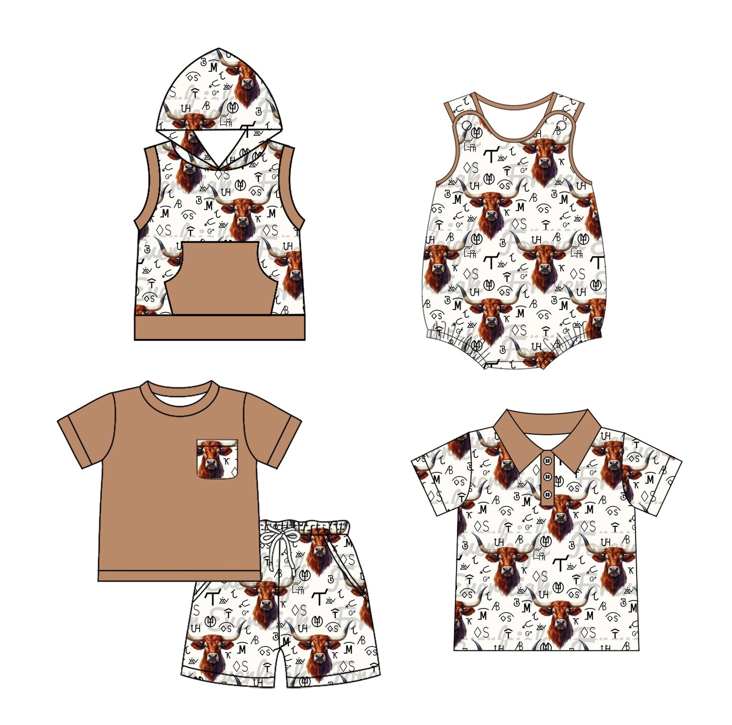 Baby Boy Western Cow Sibling Romper Shirt Set ( Moq 5 Each Style ) 1.18