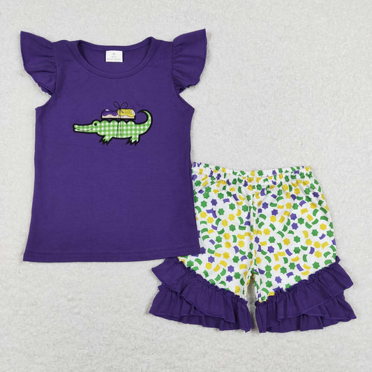 GSSO0444 Mardi Gras Baby Girl Purple Short Sleeves Embroidery Shirt Ruffle Shorts Set