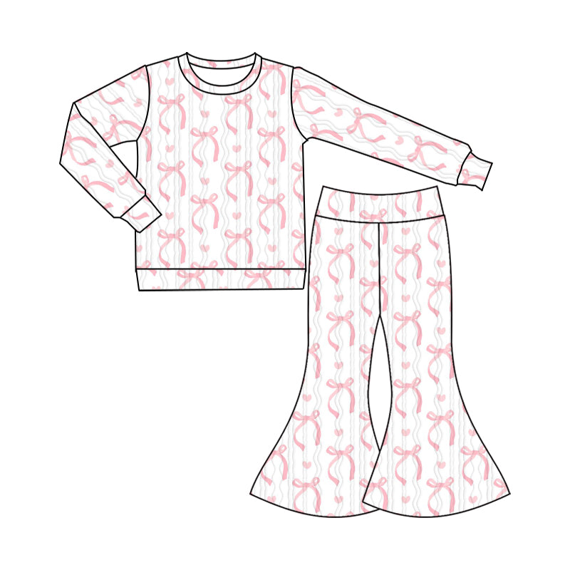 Baby Girl Long Sleeves Pink Hearts Bows Shirt Bell Pants Set