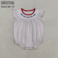 Baby Girls Short Sleeves Embroidery Red Blue Bows Dots 4th of July Bubble Romper RTS