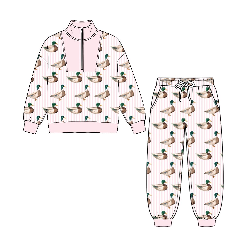 ( No moq ) Preorder Baby Girls Kids Ducks Pink Stripes Zipper Pullover Pockets Pants Set Clothes