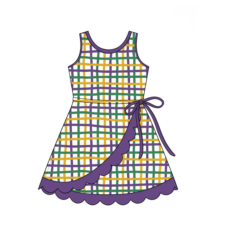 ( Moq 5 ) Preorder Baby Girls Kids Sleeveless Shorts Scallop Plaid Yoga Dress Mardi Gras Clothes