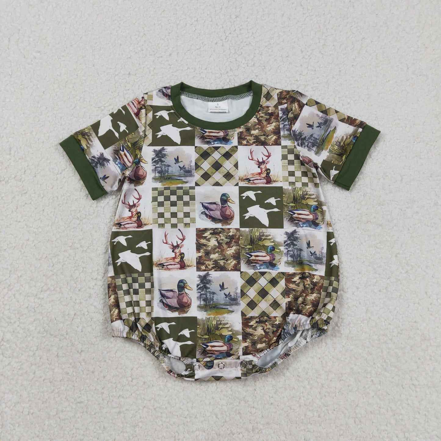 Baby Boys Kids Short Sleeves Ducks Deer Plaid Green Bubble Romper RTS