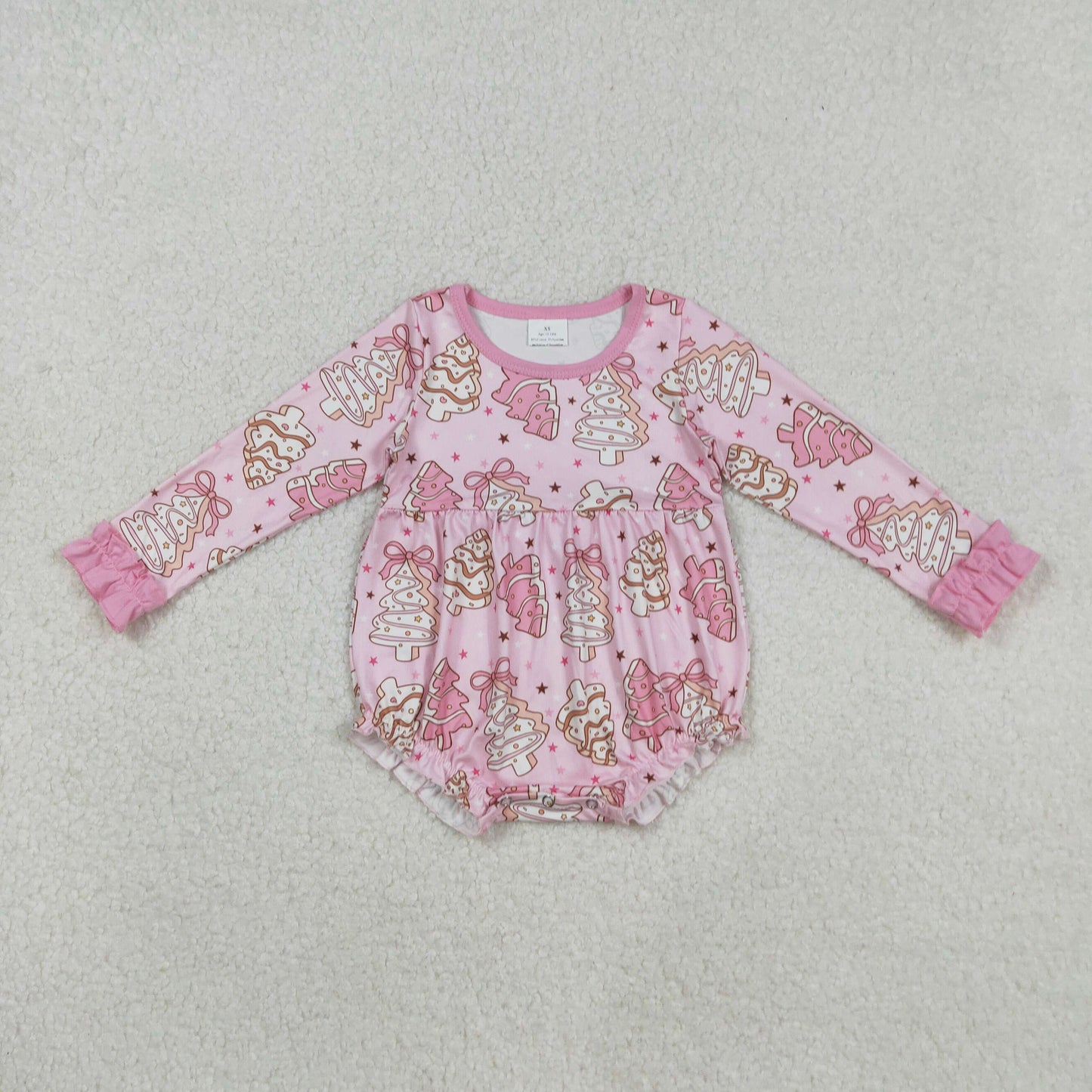 Baby Girl Long Sleeves Cakes Bows Christmas Bubble Pink Romper RTS