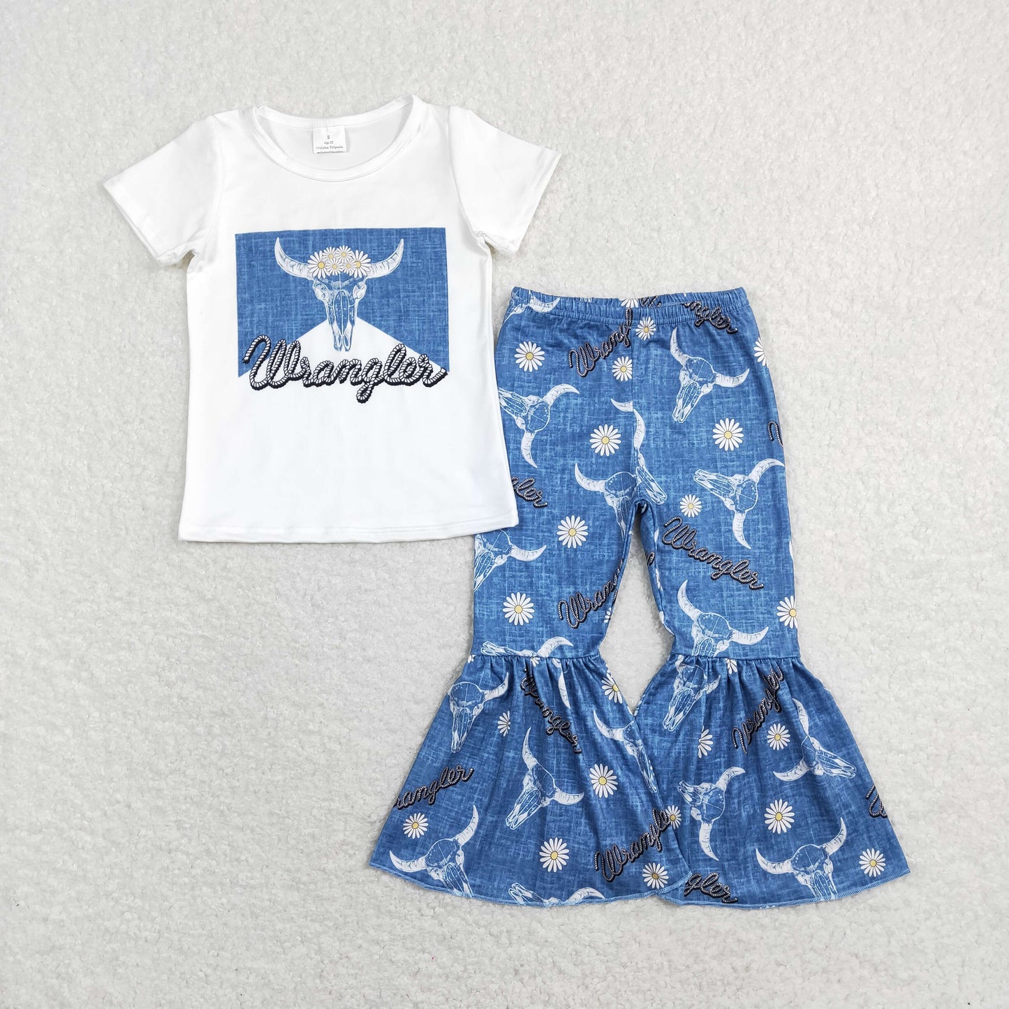 GSPO1287 Western Baby Girl Short Sleeves Shirt Floral Cow Print Bell Pants Set