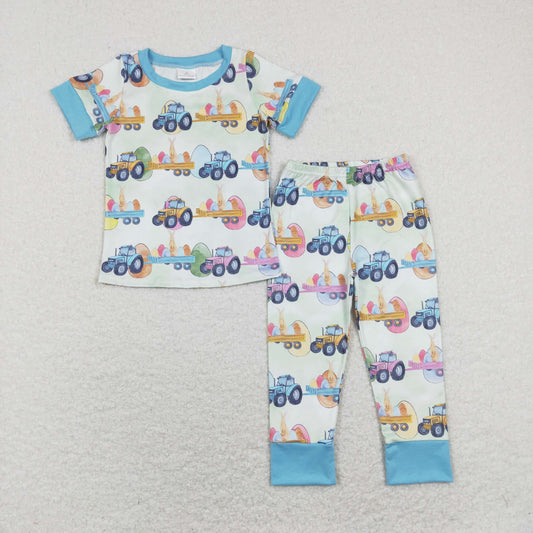 BSPO0300 Easter Baby Boy Short Sleeves Eggs Rabbit Tractors Shirt Pants Set Pajamas