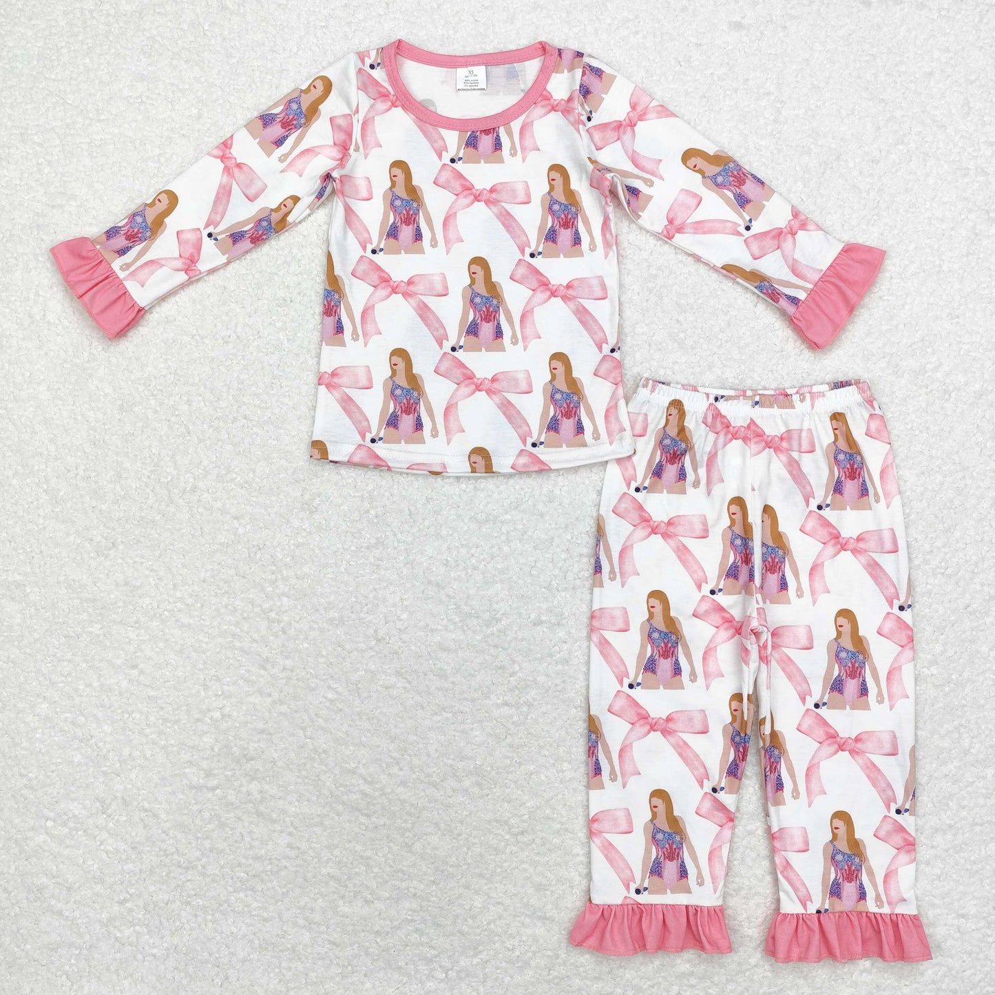 Baby Girl Long Sleeves Bows Singer Pink Shirt Pants Pajamas Bamboo Set