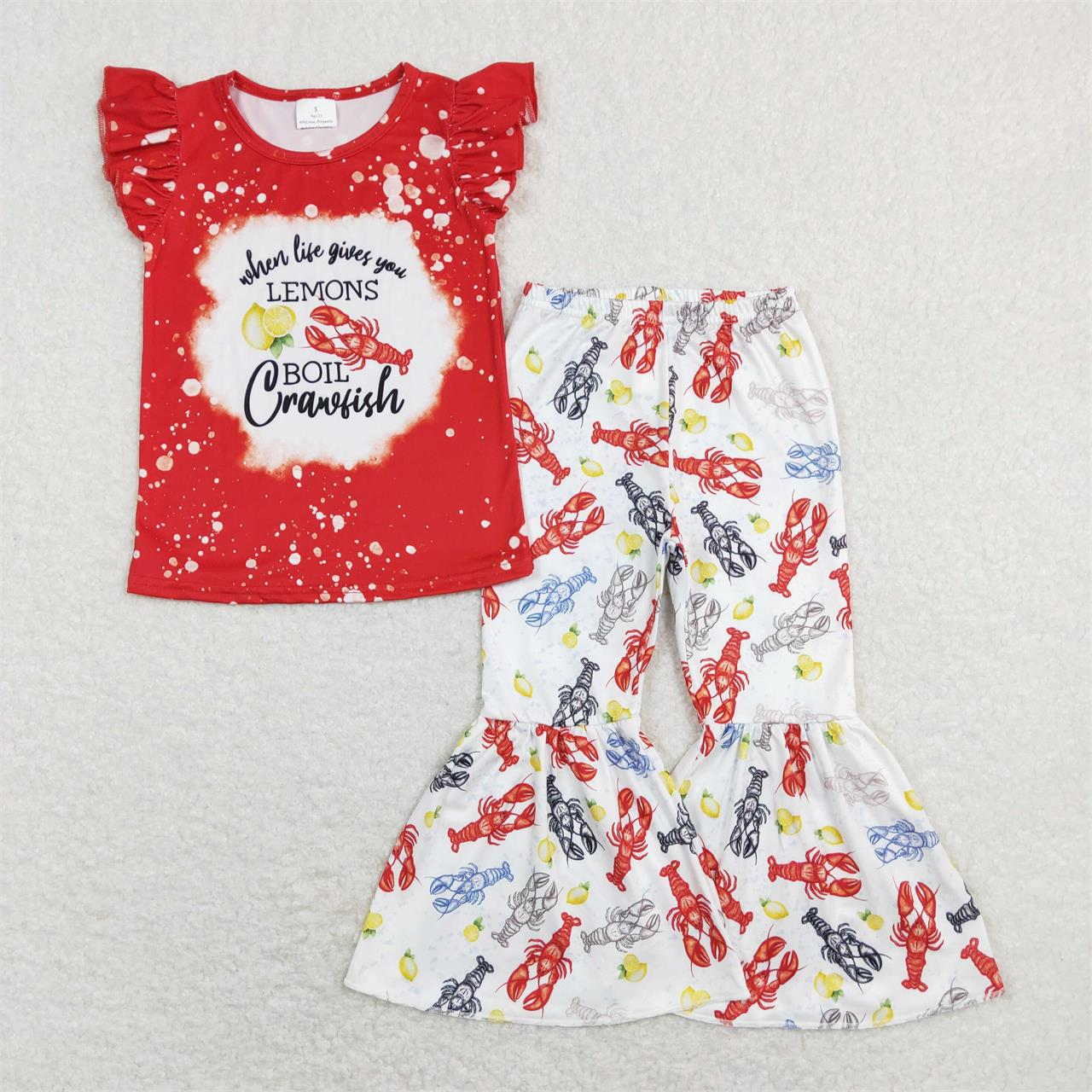 SGPO1170 Baby Girl Red Short Sleeves Crawfish Shirt Bell Pants Set