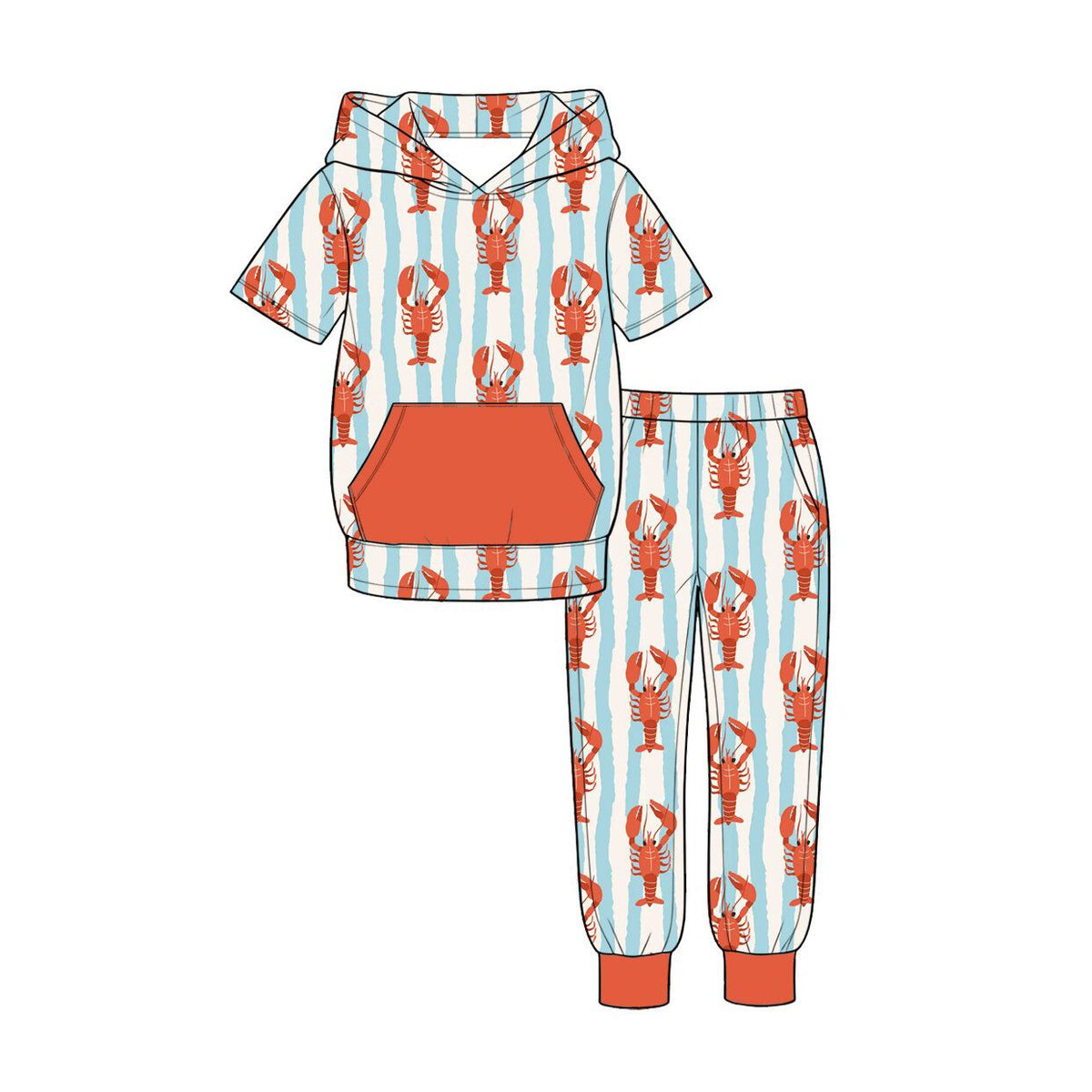 ( Moq 5 ) Preorder Baby Boys Kids Crayfish Stripes Hoodie Shirt Pockets Pants Set Clothes