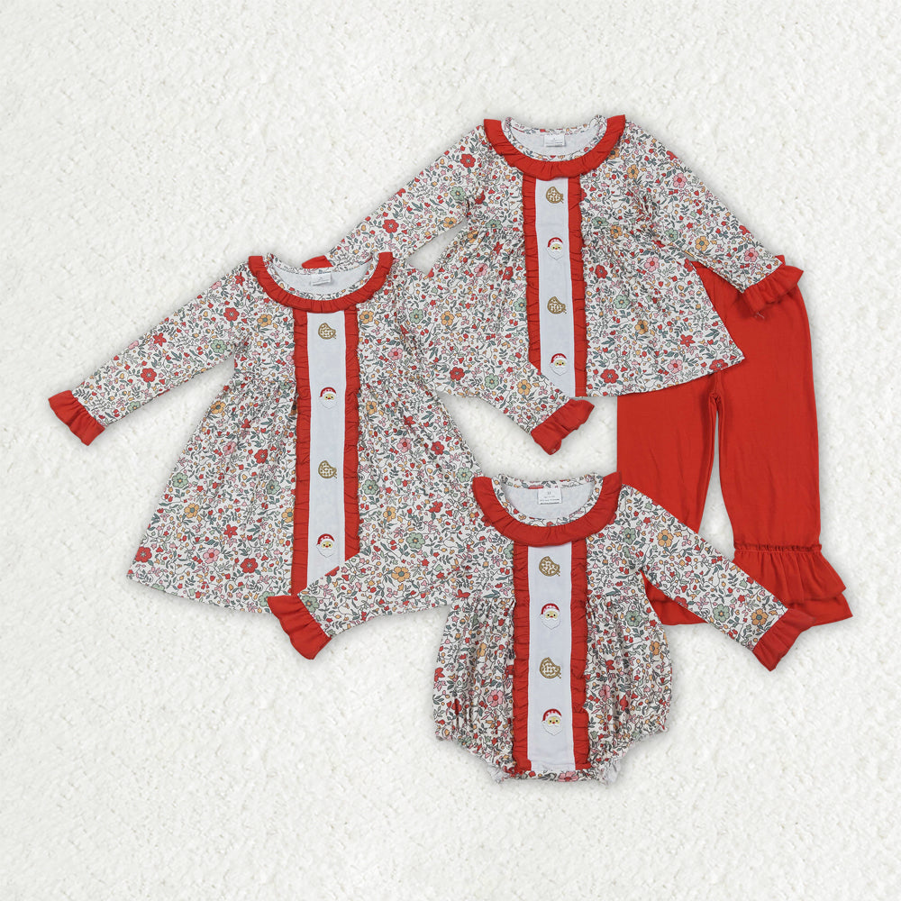 Sibling Baby Girl Long Sleeves Floral Embroidery Santa Cakes Christmas Romper Dress Set RTS