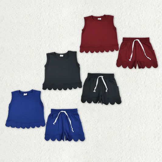 Sibling Baby Girls Kids Sleeveless Scallop Shirts Pockets Shorts Cotton Sets Clothes RTS