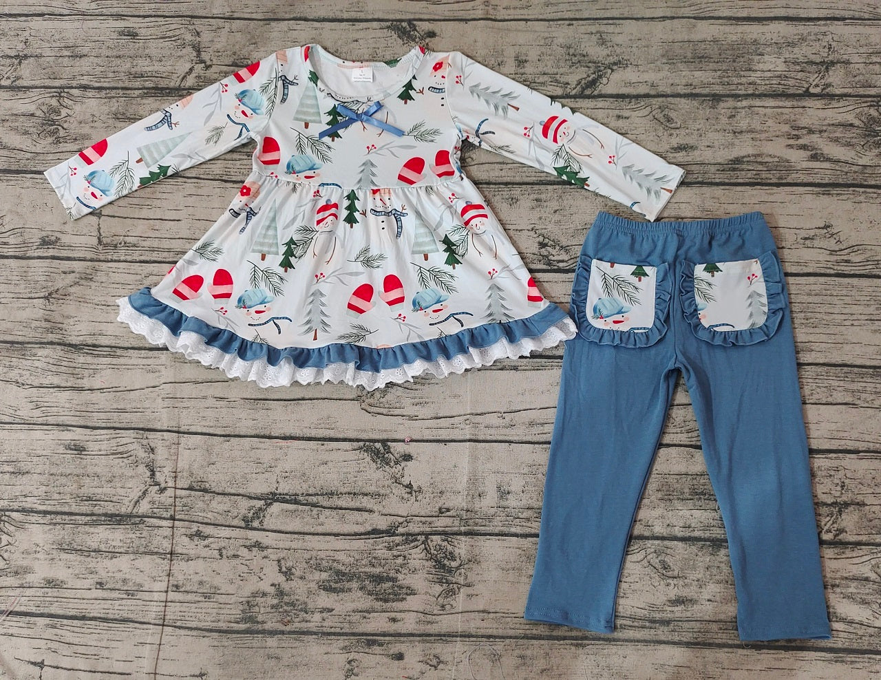 Baby Girl Long Sleeves Christmas Snowman Tunic Pants Set