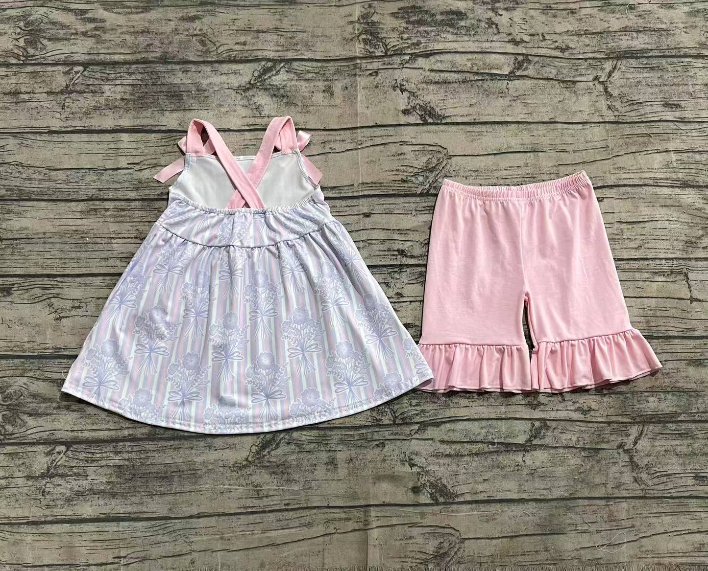Baby Girl Infant Bows Straps Flower Stripes Tunic Pink Shorts Set RTS