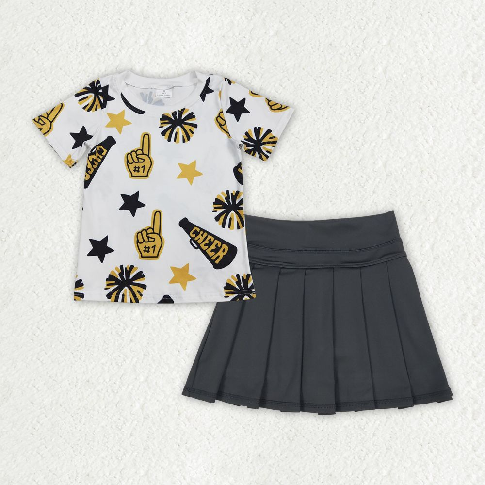 Baby Girl Short Sleeveless Golden Cheer Shirt Black Yoga Active Shorts Skort Set RTS