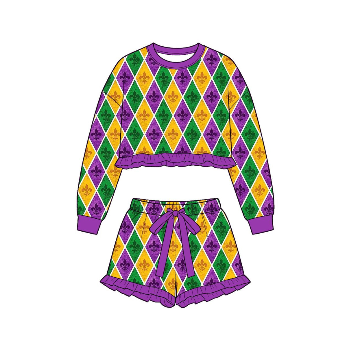 ( Moq 5 ) Preorder Baby Girls Kids Long Sleeves Flower Plaid Shirt Shorts Set Mardi Gras Clothes