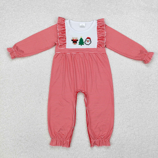 Baby Girl Long Sleeves Embroidery Christmas Santa Deer Tree Red Stripes Romper