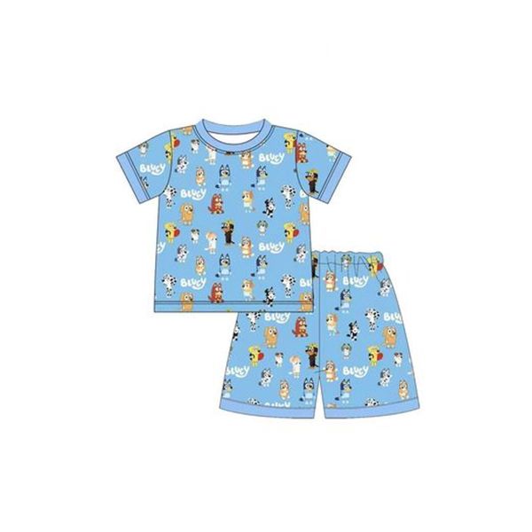 Moq 3 Pre-order Baby Boy Short Sleeves Dogs Shirt Plaid Shorts Summer Blue Set