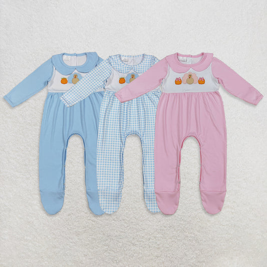 Sibling Boys Girls Infant Fall Embroidery turkey Pumpkins Thanksgiving Footies Romper RTS