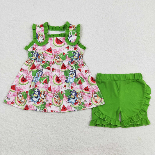 Baby Girl Short Sleeves Dogs Watermelon Tops Green Shorts Summer Set