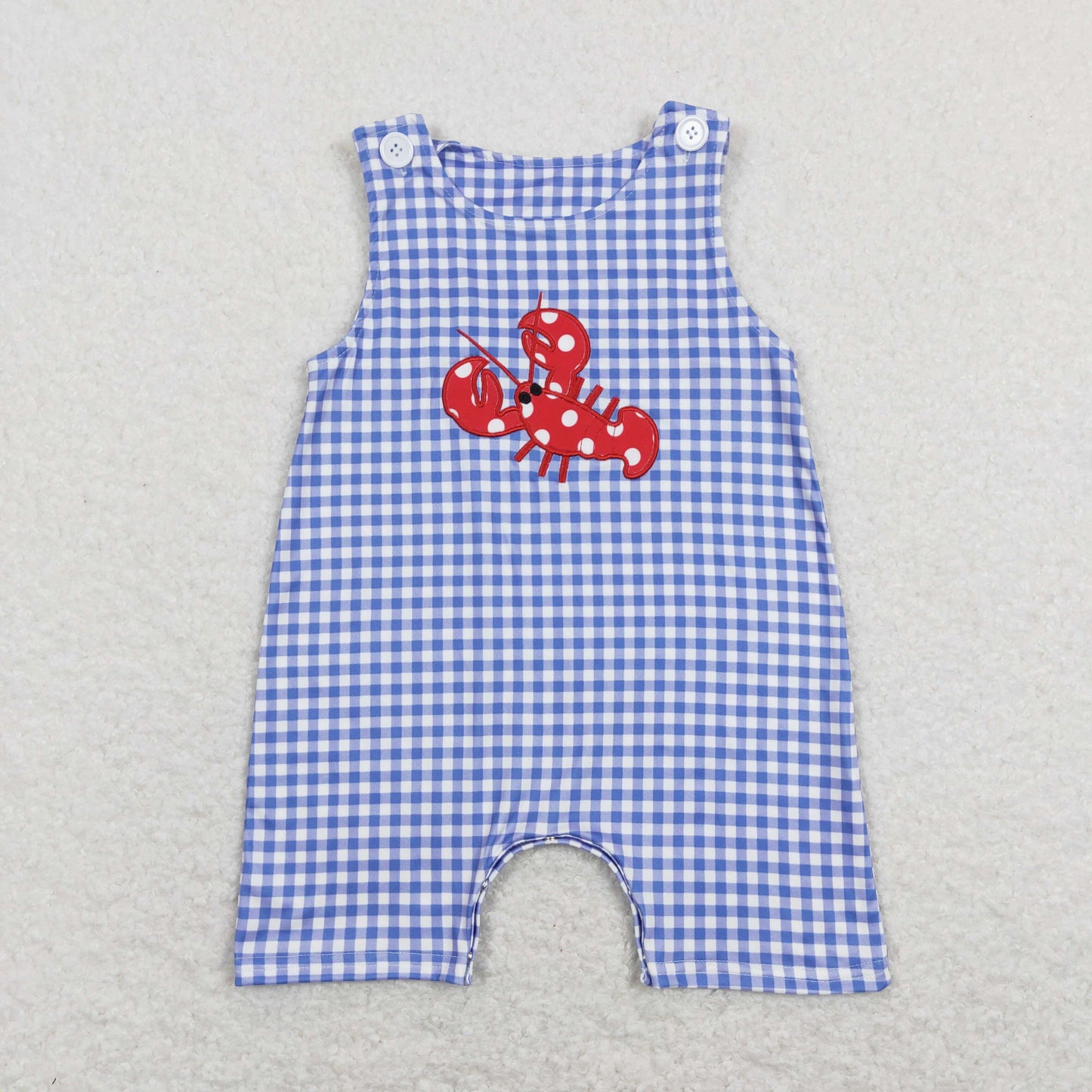 SR0820 Baby Boy Sleeveless Embroidery Crawfish Blue Plaid One Piece Romper