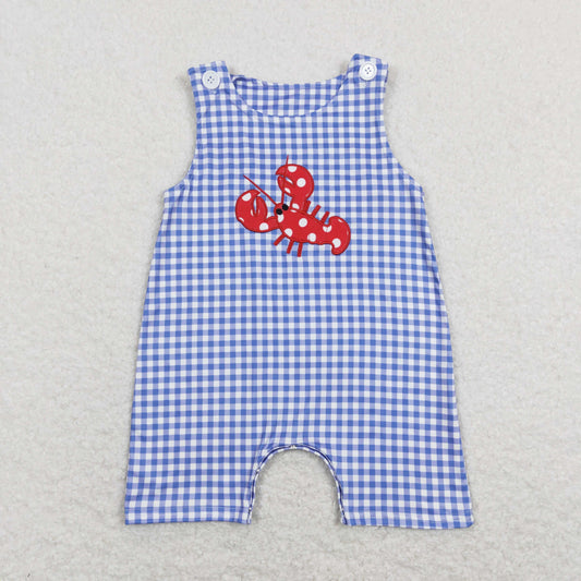 SR0820 Baby Boy Sleeveless Embroidery Crawfish Blue Plaid One Piece Romper