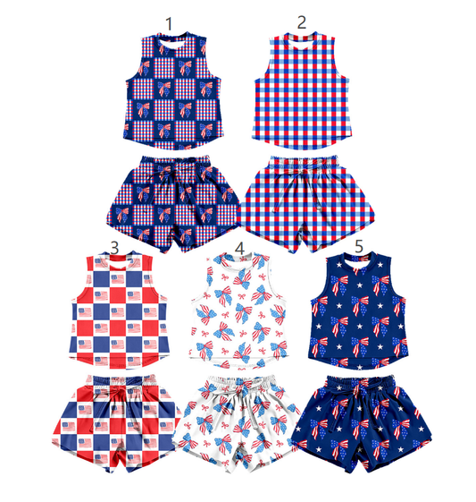 ( Moq 30 Each Style ) Sibling Baby Girls Kids Flags Bows Plaid Shirts Shorts 4th of July Sets