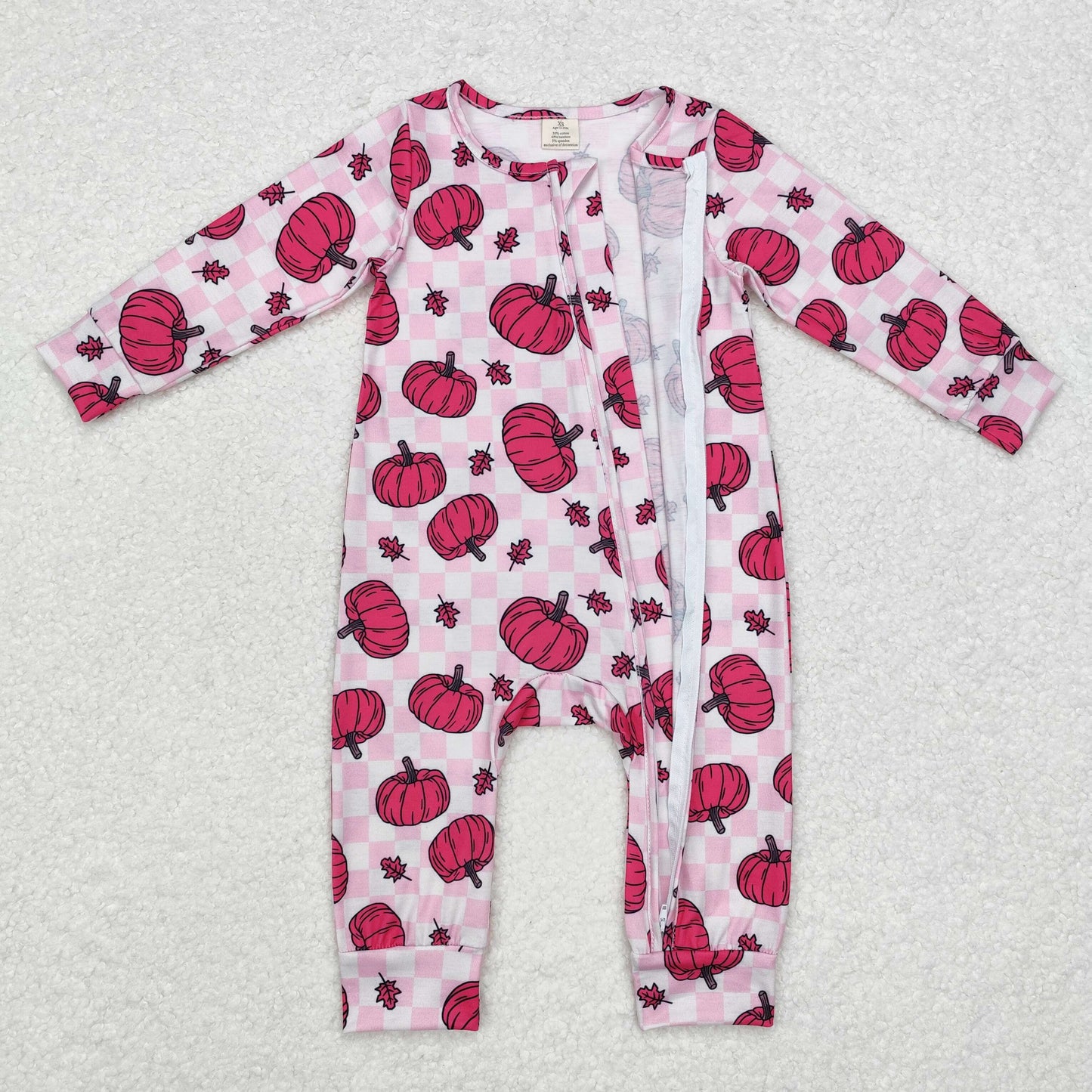 Baby Girl Pink Checkered Pumpkins Fall Zipper Bamboo Romper