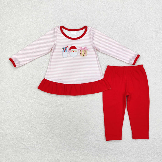 Baby Girl Long Sleeves Embroidery Christmas Pink Santa Tunic Red Pants Set