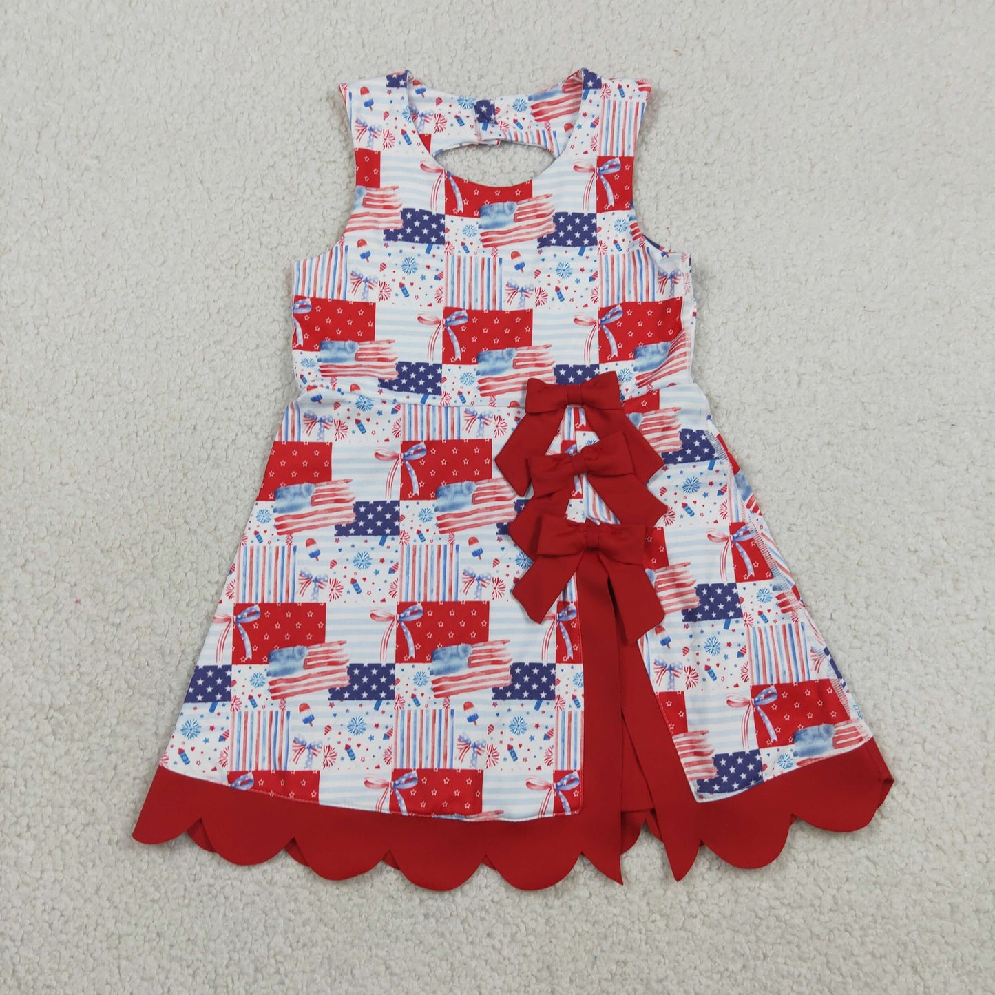 Baby Girls Flags Bows Stars 4th of July Yoga Active Shorts Knee Length Scallop Dress RTS