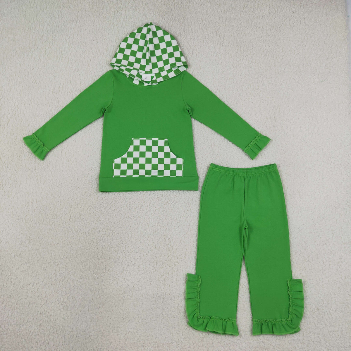 Baby Girls Kids Long Sleeves Checked Pocket Hoodie Shirt Pants Green Set Cotton Clothes