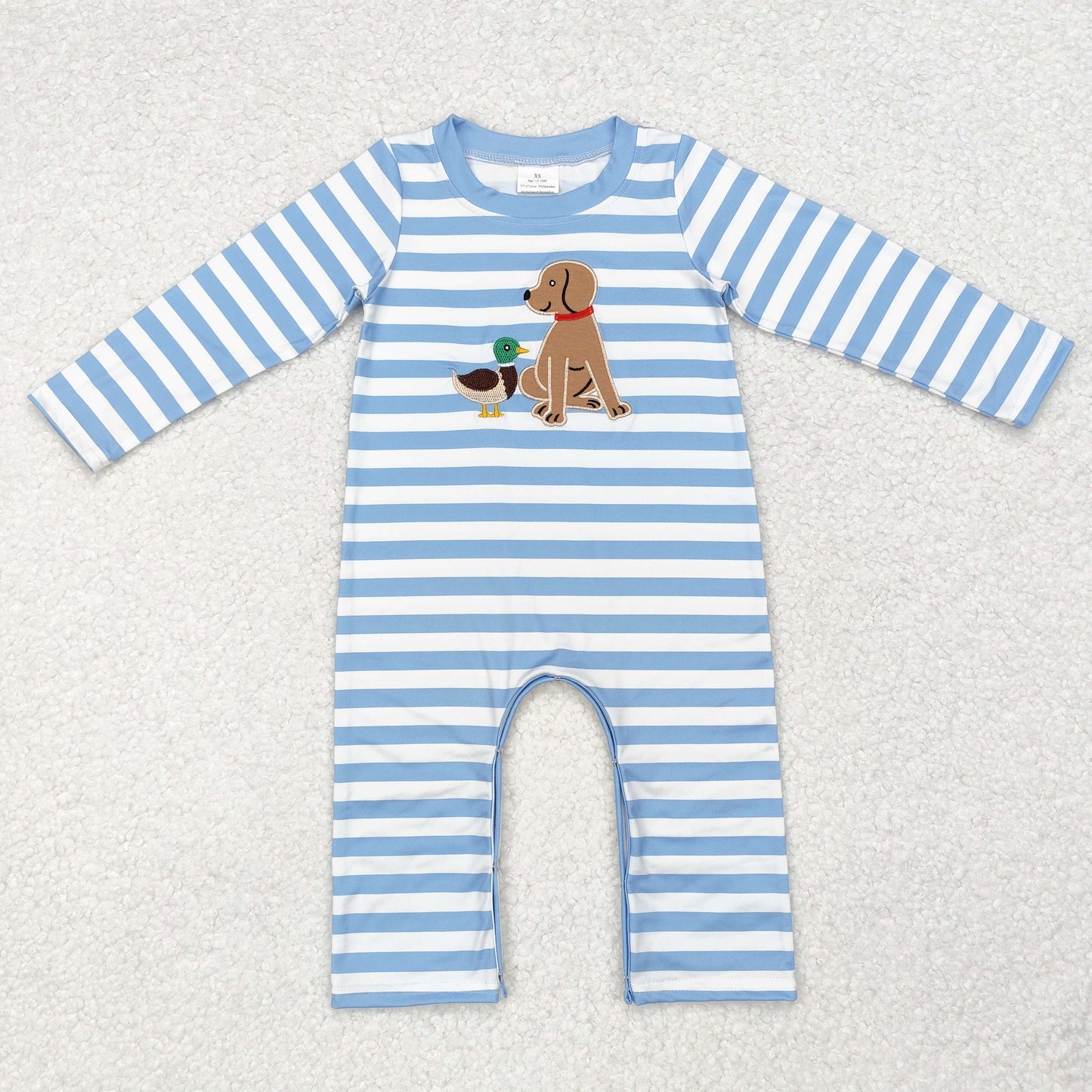 Baby Boy Long Sleeves Embroidery Dog Duck Blue Stripes Romper