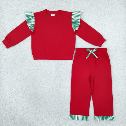 Sibling Baby Girls Kids Long Sleeves Shirts Pockets Shorts Pants Cotton Red Sets Christmas Clothes RTS