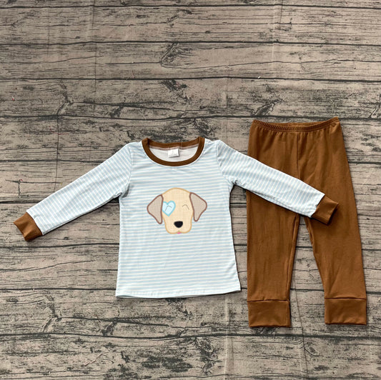 ( No moq ) Preorder Boys Kids Embroidery Dog Heart Stripes Shirt Pants Valentine's Day Pajamas Set