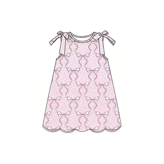 ( Moq 5 ) Preorder Baby Girls Kids Sleeveless Pink Bows Leopard Knee Length Dress