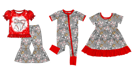 Baby Girl Short Sleeves Baseball Bows Sibling Dress Romper Clothes Set ( Moq 5 Each Design ) 12.7