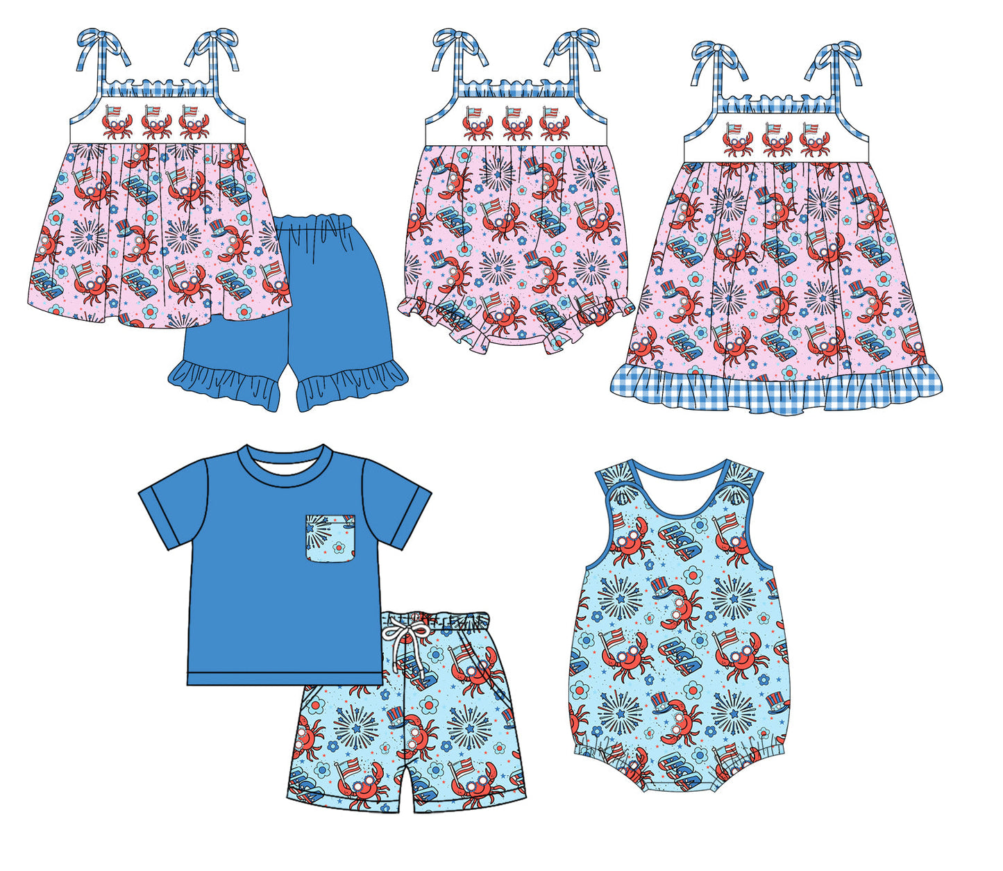 Baby Boy Girl July 4th Flags Crabs Sibling Romper Dress Set ( Moq 5 Each Style ) 1.14