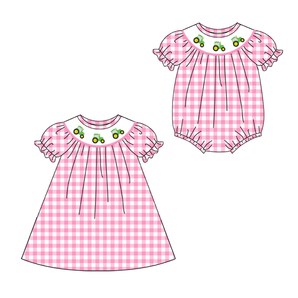 Baby Girl Tractors Pink Checked Sibling Romper Dress ( Moq 5 Each Style ) 1.17