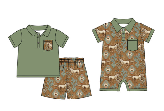 Baby Boy Short Sleeves Western Horse Cactus Sibling Romper Set ( Moq 5 Each Style ) 12.17