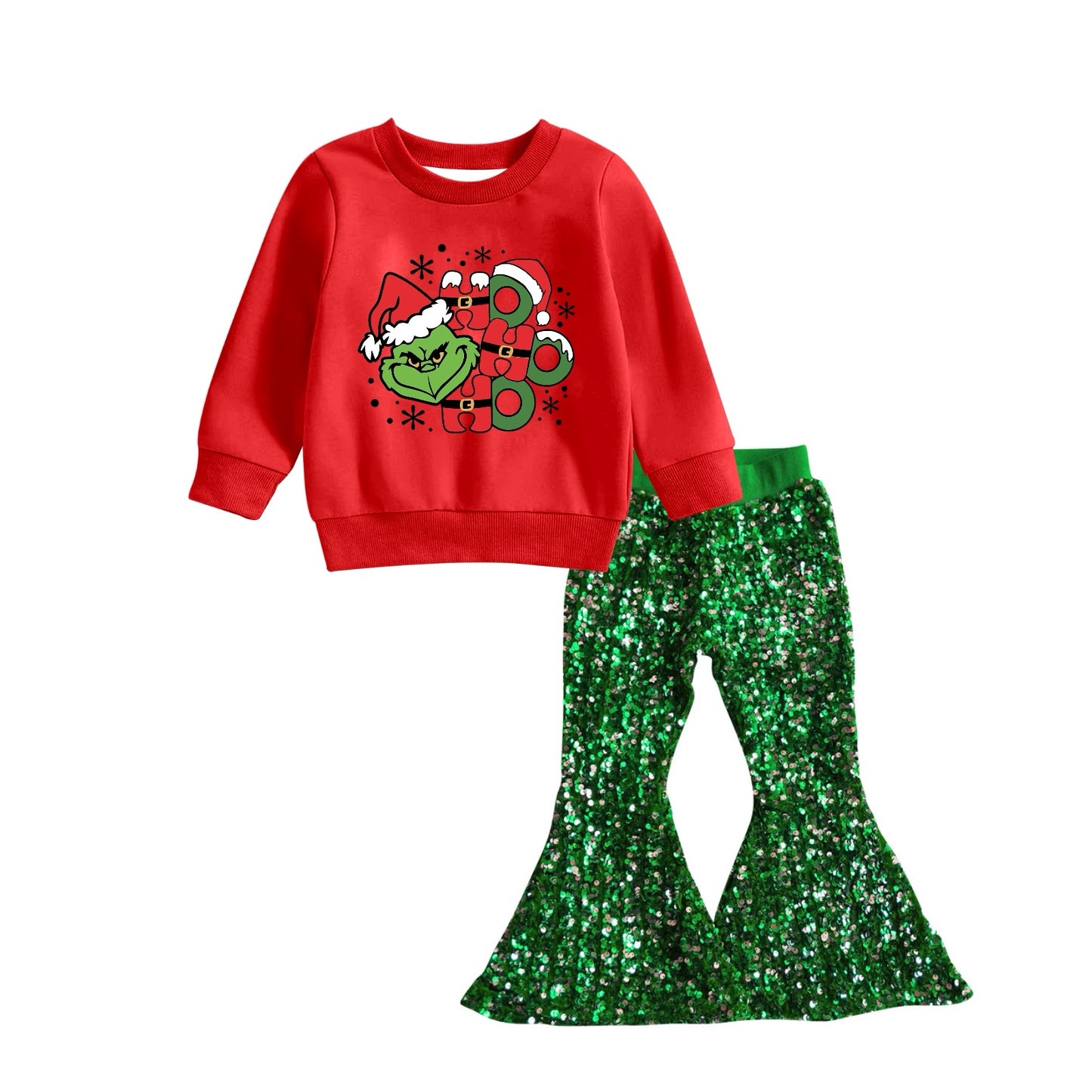 Baby Girl Red Long Sleeves Christmas Face Shirt Green Sequins Pants Set