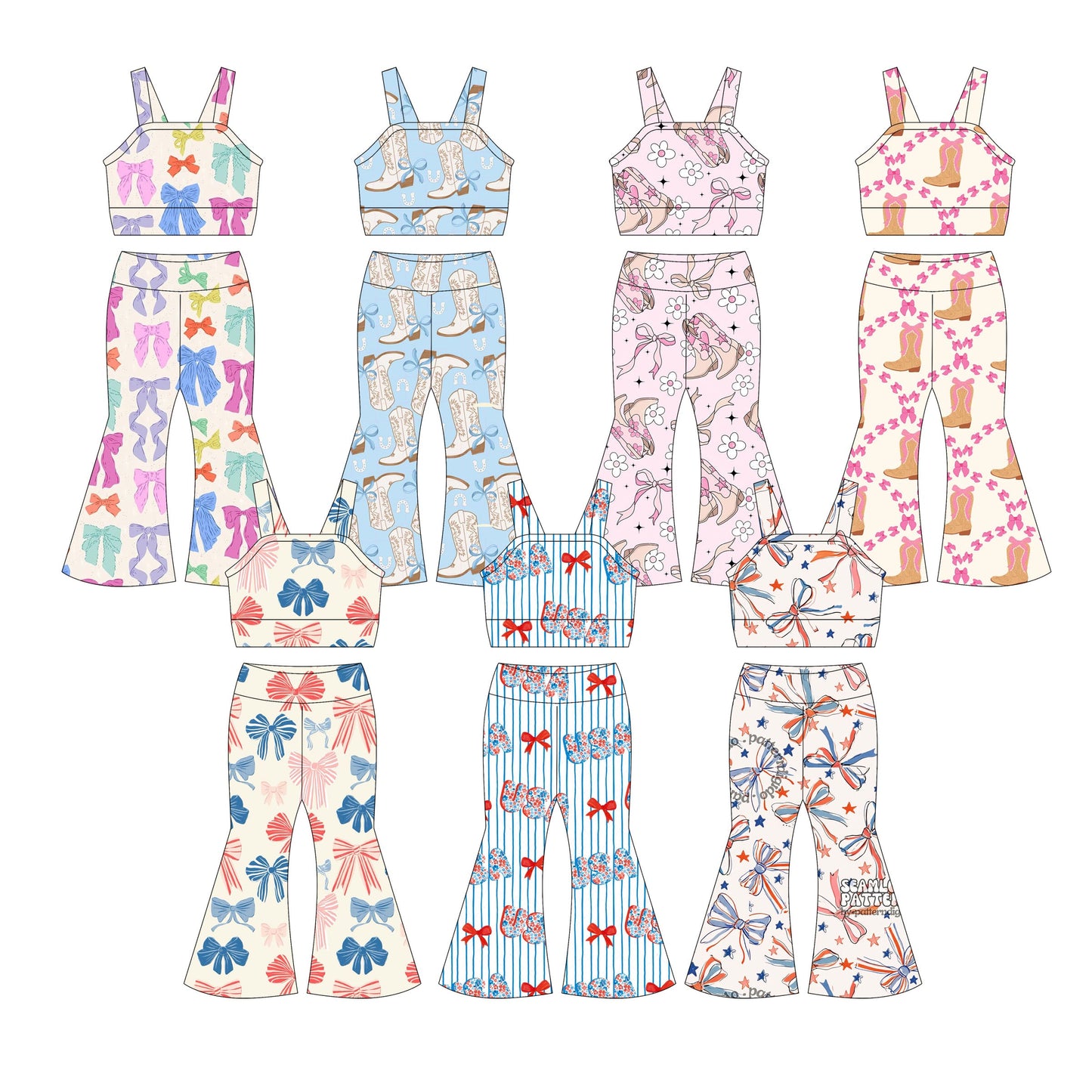 ( Moq 5 Each Style ) Baby Girl Sleeveless Western Bows Tops Bell Pants Sibling Set 3.26