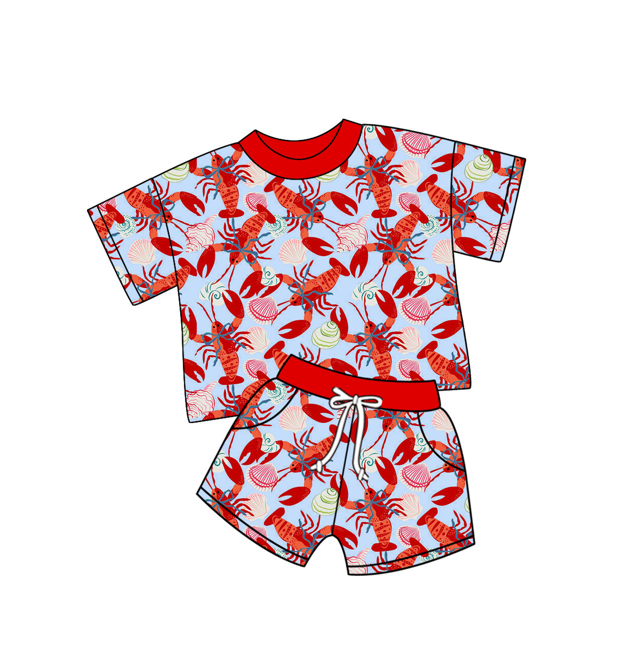 Baby Girl Short Sleeves Crawfish Shirt Pockets Shorts Set ( Moq 5 ) 12.31