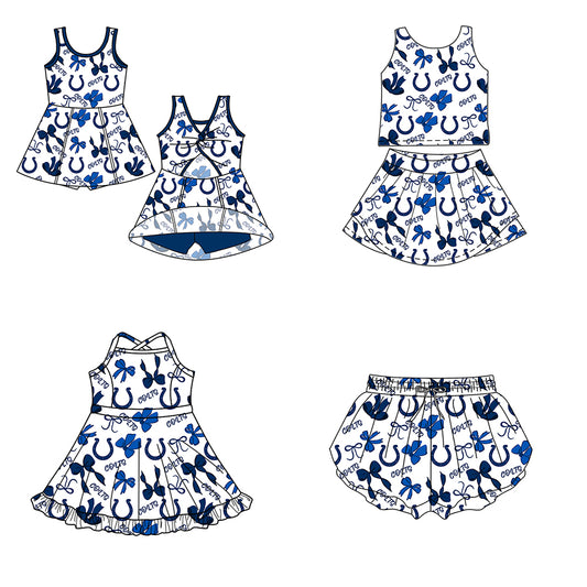 ( Moq 5 Each Style ) Baby Girls Toddler Blue Bows Team Sibling Shorts Dresses Set Summer Clothes