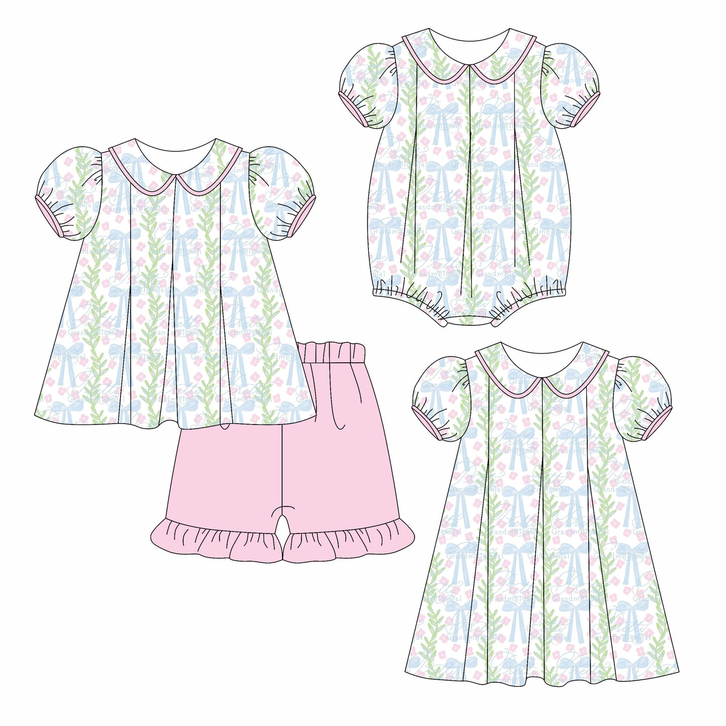 Baby Girl Short Sleeves Bows Floral Sibling Romper Dress Set ( Moq 5 Each Style ) 3.6