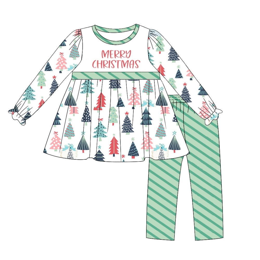 Baby Girl Long Sleeves Shirt Merry Christmas Tops Stripes Green Pants Set