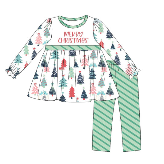 Baby Girl Long Sleeves Shirt Merry Christmas Tops Stripes Green Pants Set