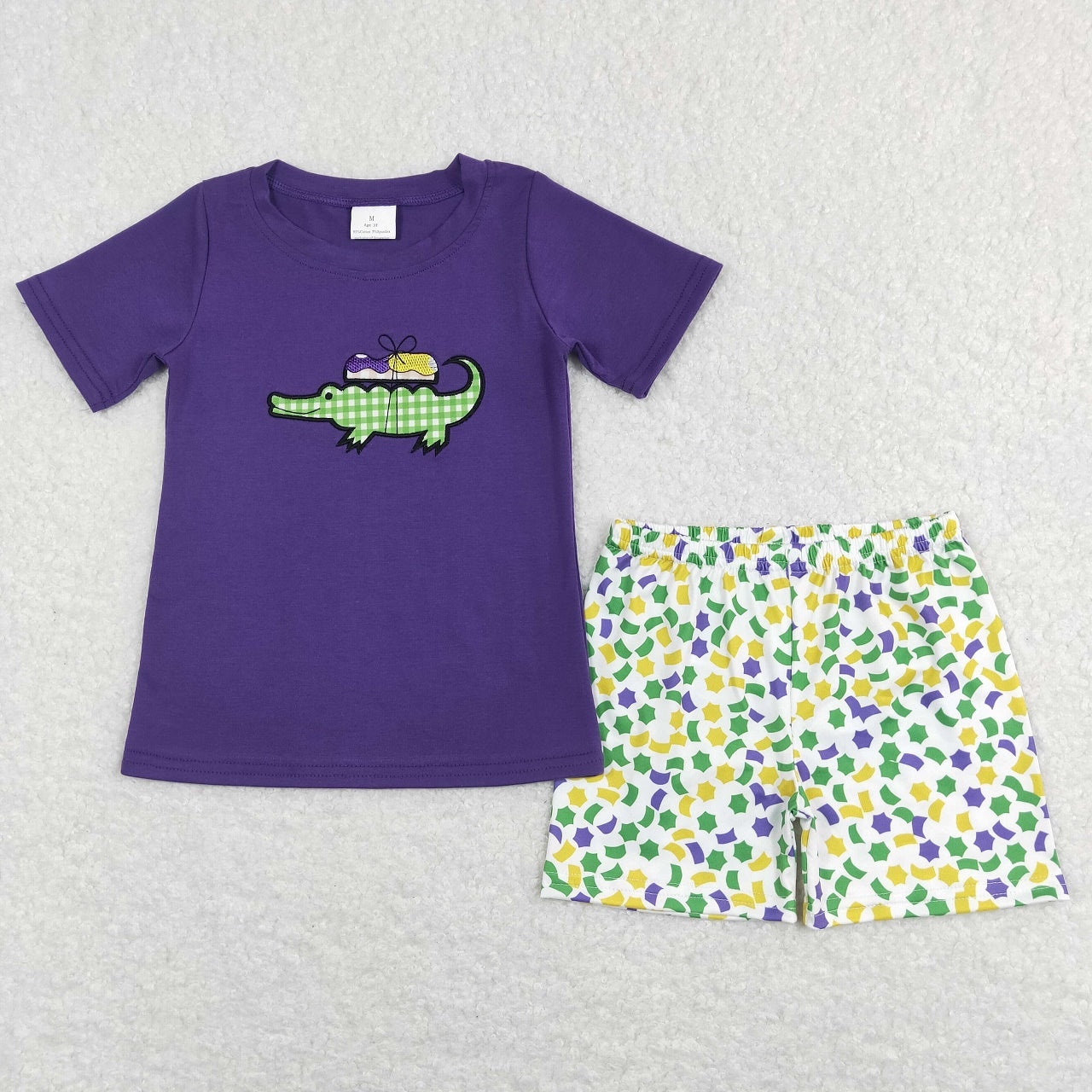 BSSO0410 Mardi Gras Baby Boy Purple Short Sleeves Embroidery Shirt Shorts Set