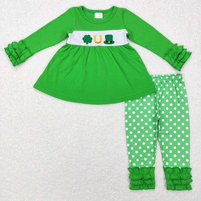 BLP0376 Baby Boy Embroidery St Patrick Day Shirt Plaid Pants Green Set