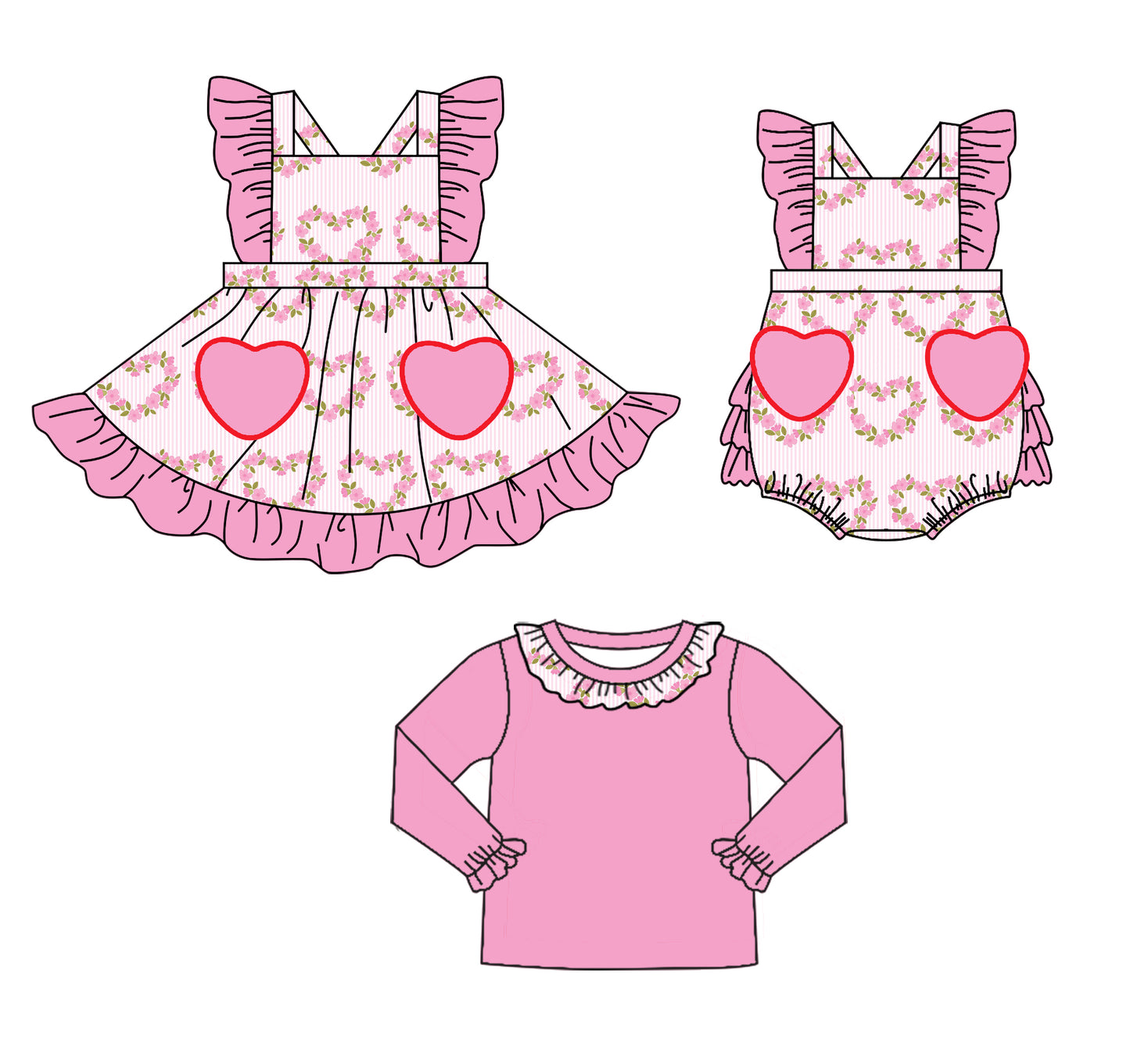 Baby Girl Valentine Day Hearts Flower Sibling Matching Romper Dress Pink Clothes ( Moq 5 Each Design )