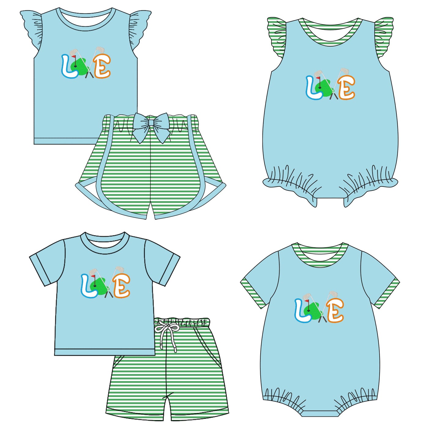 Baby Boy Girl Short Sleeves Golf Blue Sibling Romper Set ( Moq 5 Each Style ) 2.12