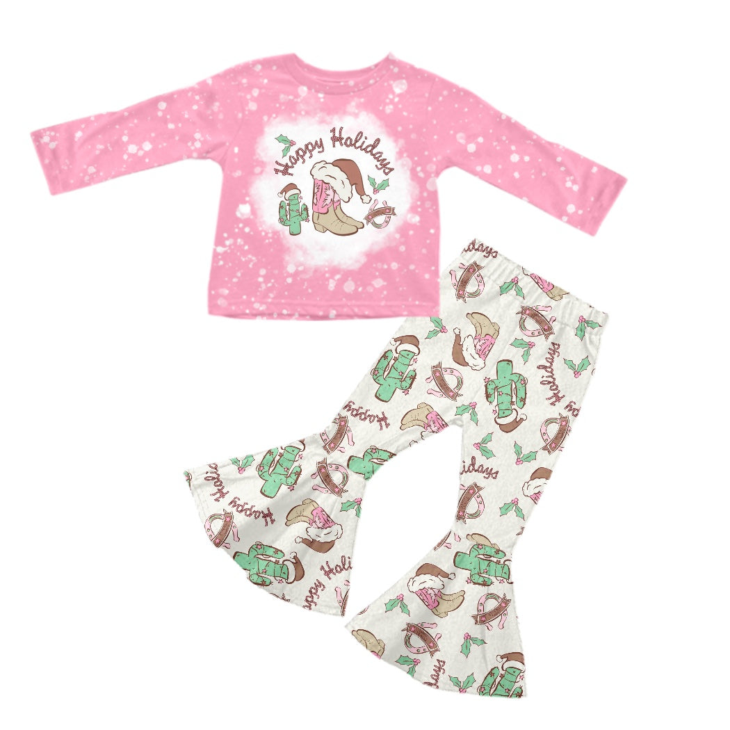 Baby Girl Toddler Pink Long Sleeves Christmas Boots Cactus Shirt Pants Set